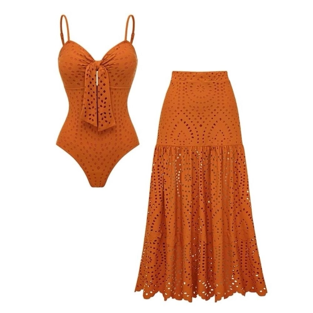 Eyelet Tie-Front Swimsuit & Maxi Skirt Set — Burnt Orange